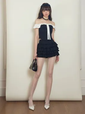 Mess Studio summer hot girl short skirt one-shoulder top black cake skirt women's dress two-piece set