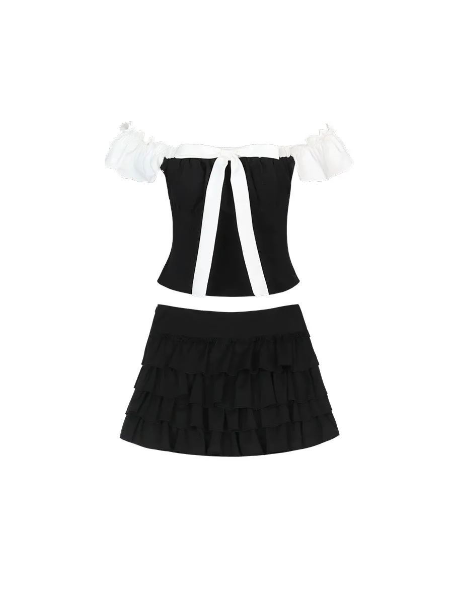 Mess Studio summer hot girl short skirt one-shoulder top black cake skirt women's dress two-piece set