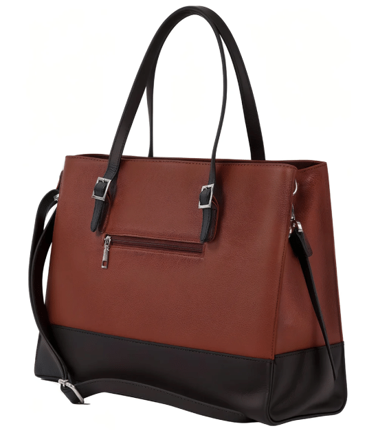 Myra Tan and Black Real Leather Tote Bag for Women's