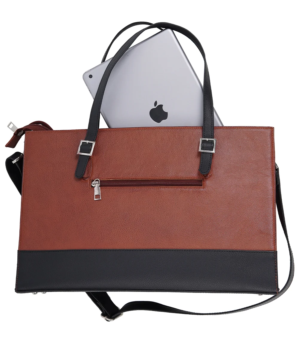 Myra Tan and Black Real Leather Tote Bag for Women's