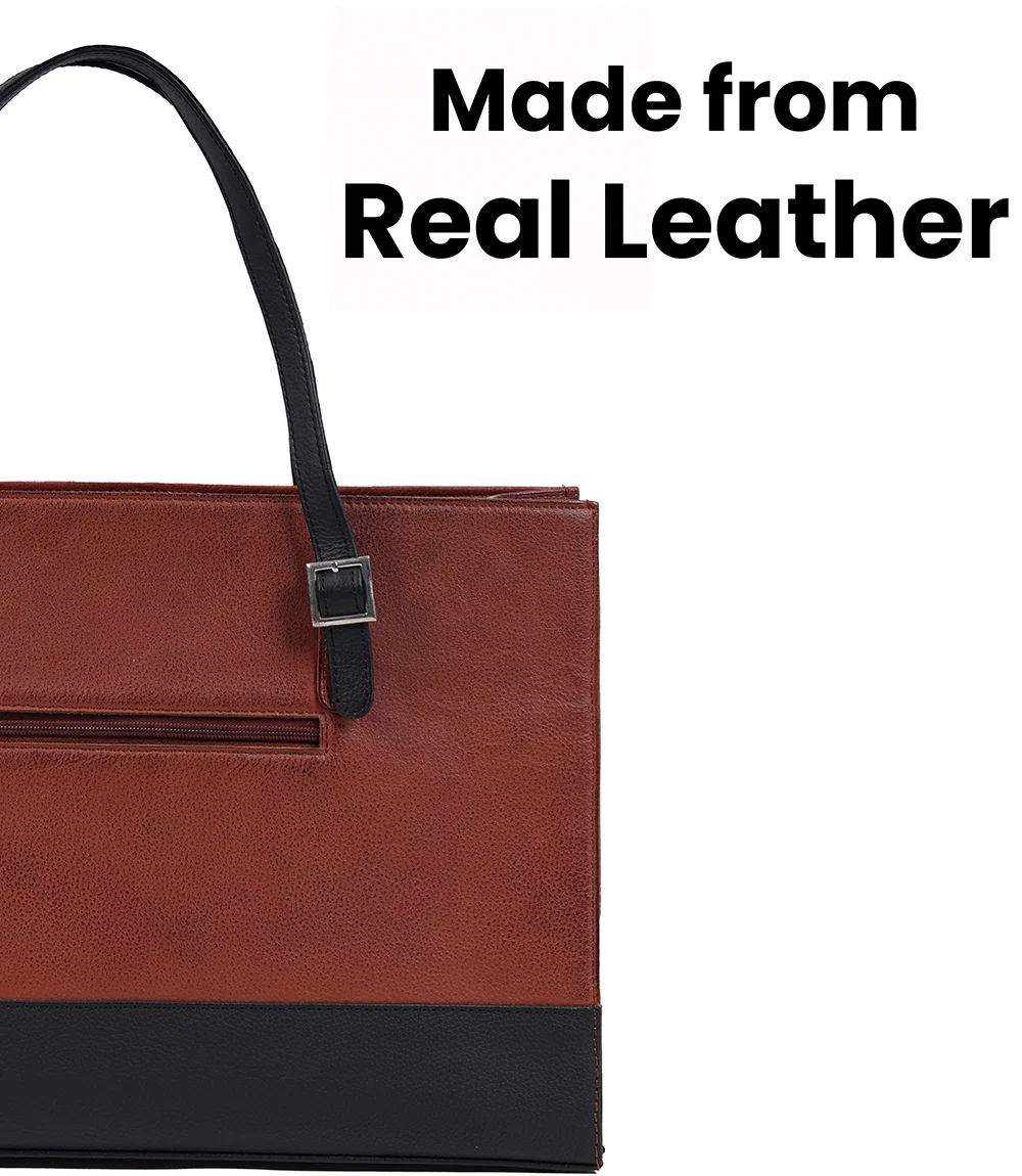 Myra Tan and Black Real Leather Tote Bag for Women's