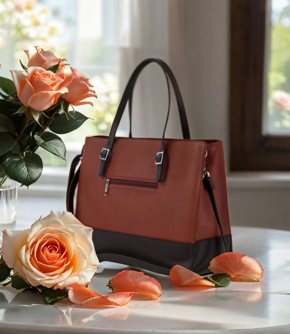 Myra Tan and Black Real Leather Tote Bag for Women's