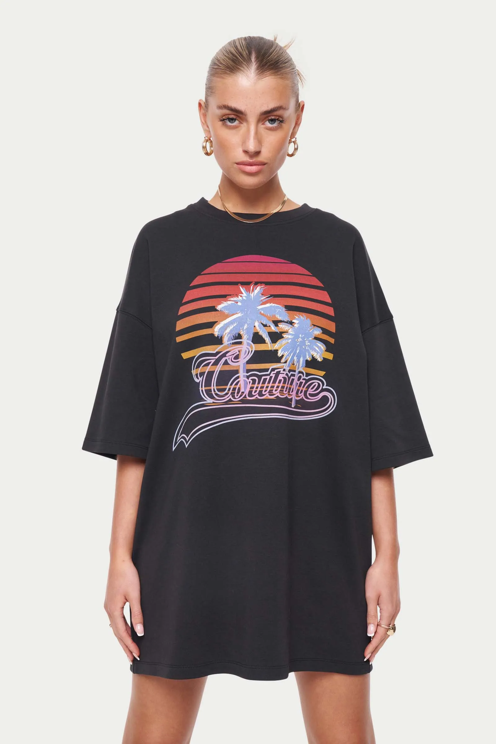 NEON GRAPHIC T-SHIRT DRESS - BLACK *