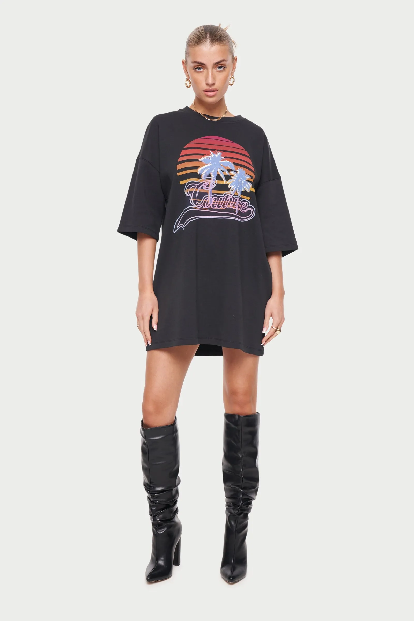 NEON GRAPHIC T-SHIRT DRESS - BLACK *