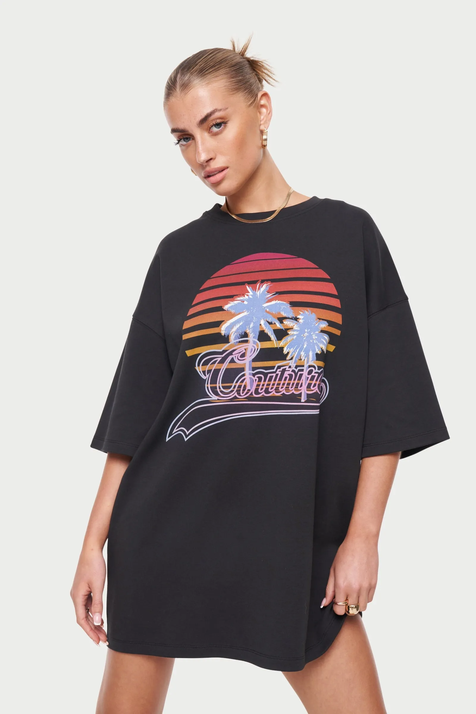 NEON GRAPHIC T-SHIRT DRESS - BLACK *