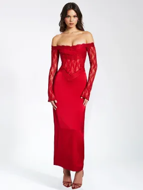 Nessa Red Lace Satin Corset Maxi Dress