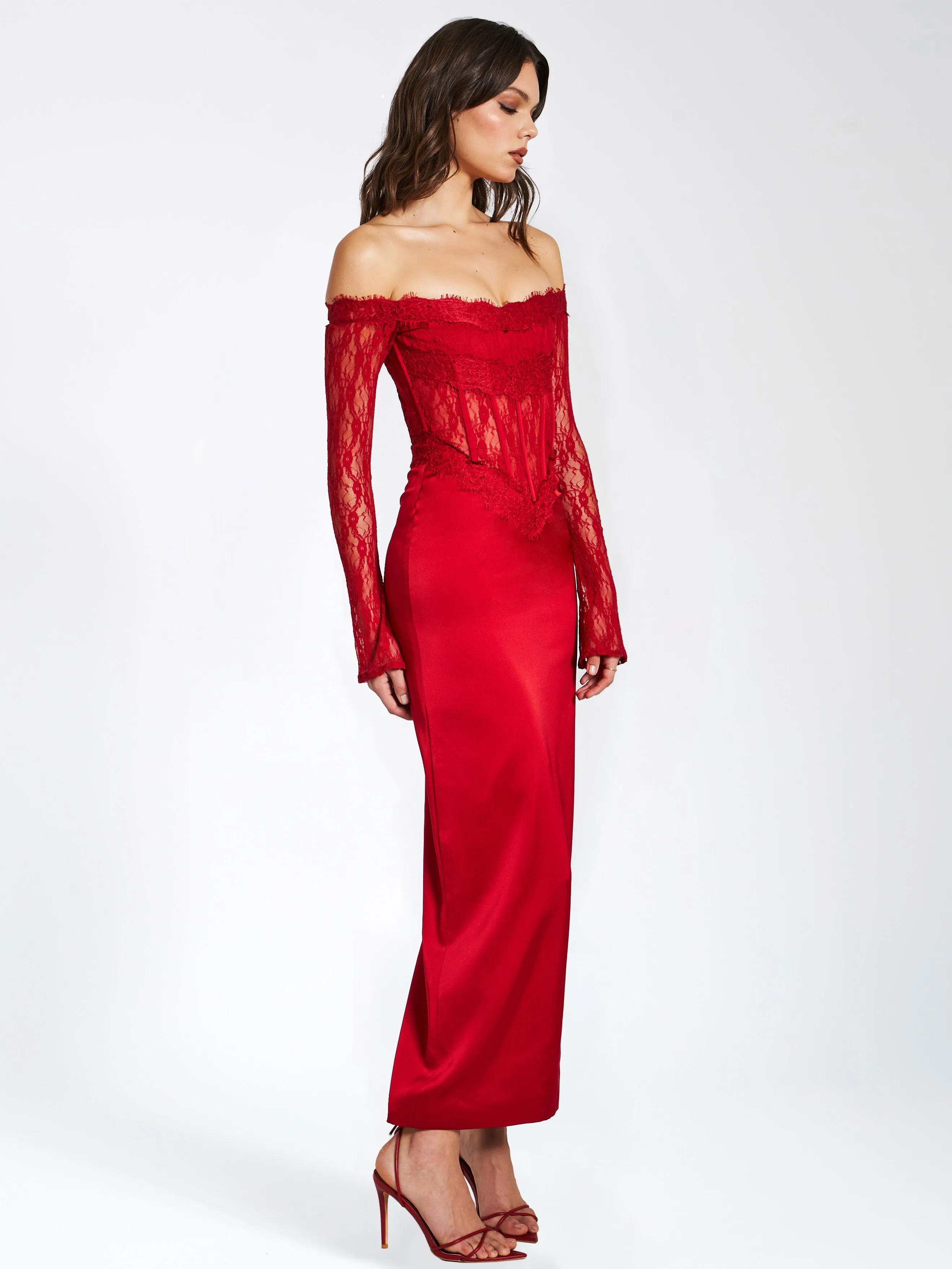 Nessa Red Lace Satin Corset Maxi Dress