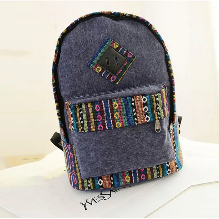 Canvas Backpack Floral Stripe School Shoulder Bag Travel Rucksack - Available Now.