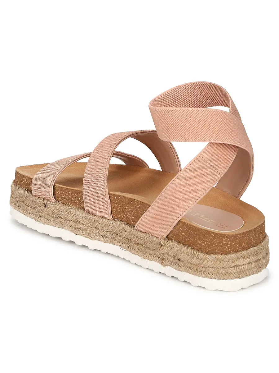 Nude PU Platform Wedges With Back Strap Espadrilles Sandals