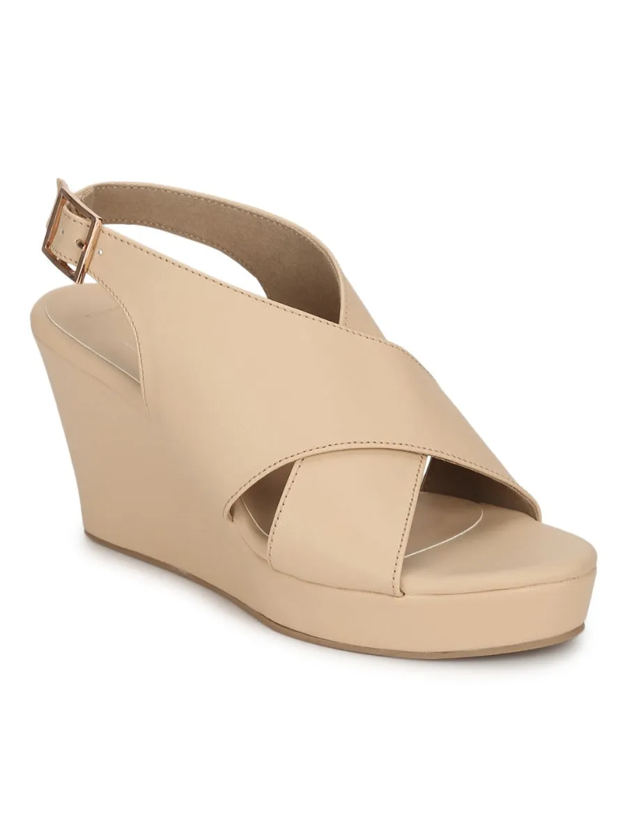 Nude PU Wedges With Crossover Straps