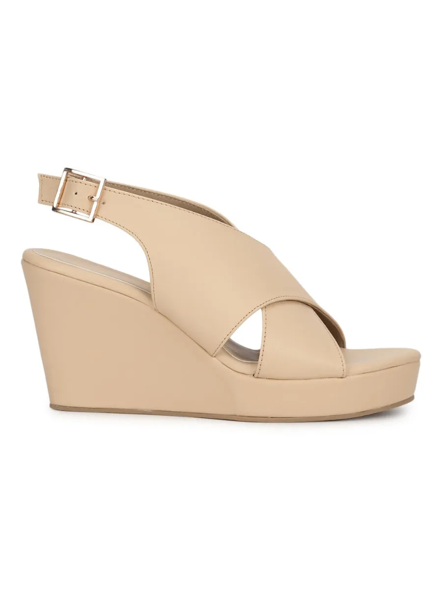 Nude PU Wedges With Crossover Straps