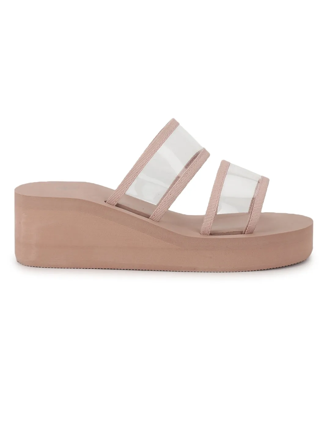 Nude PVC Mid Heel Clear Slip On Wedges