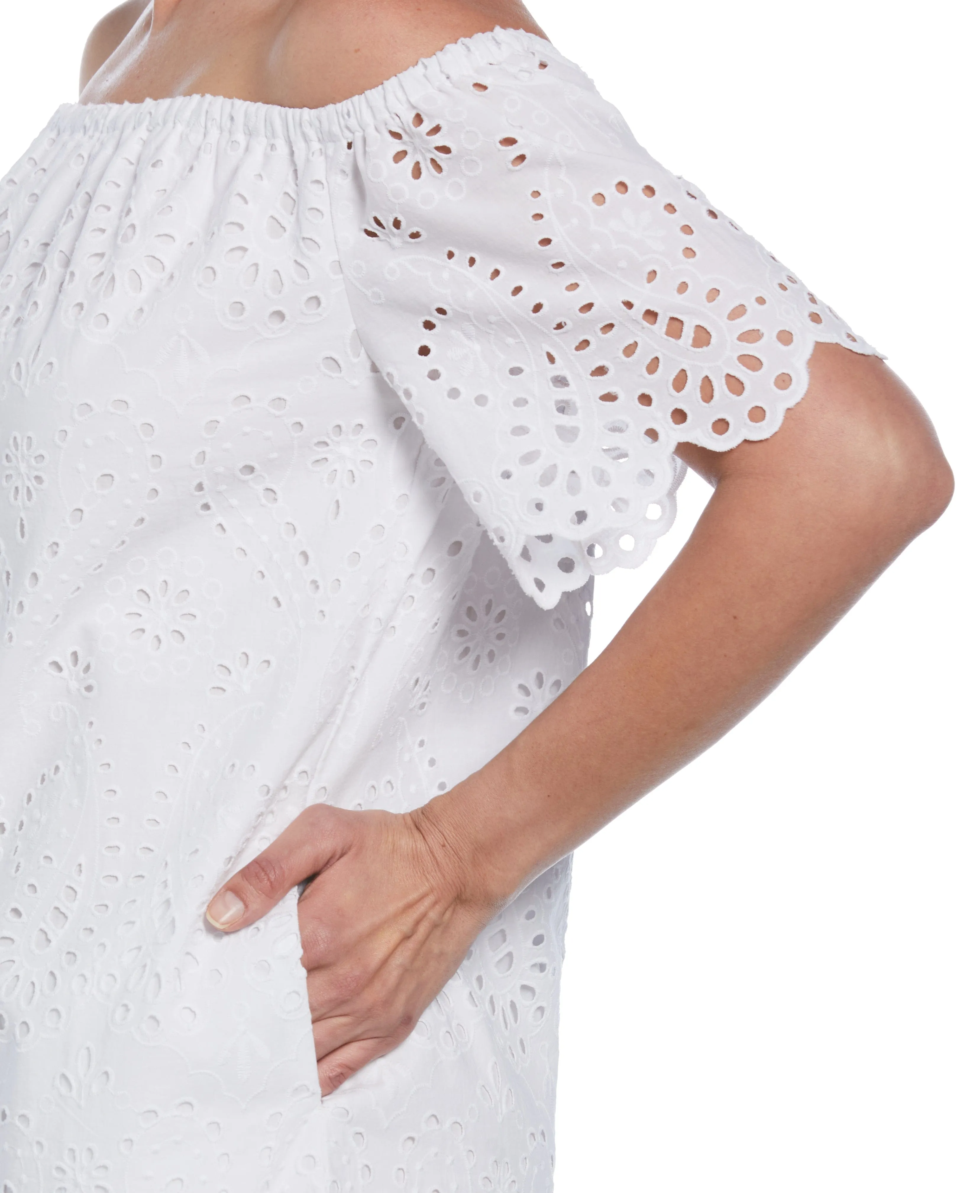 Off-Shoulder Embroidered Eyelet Dress