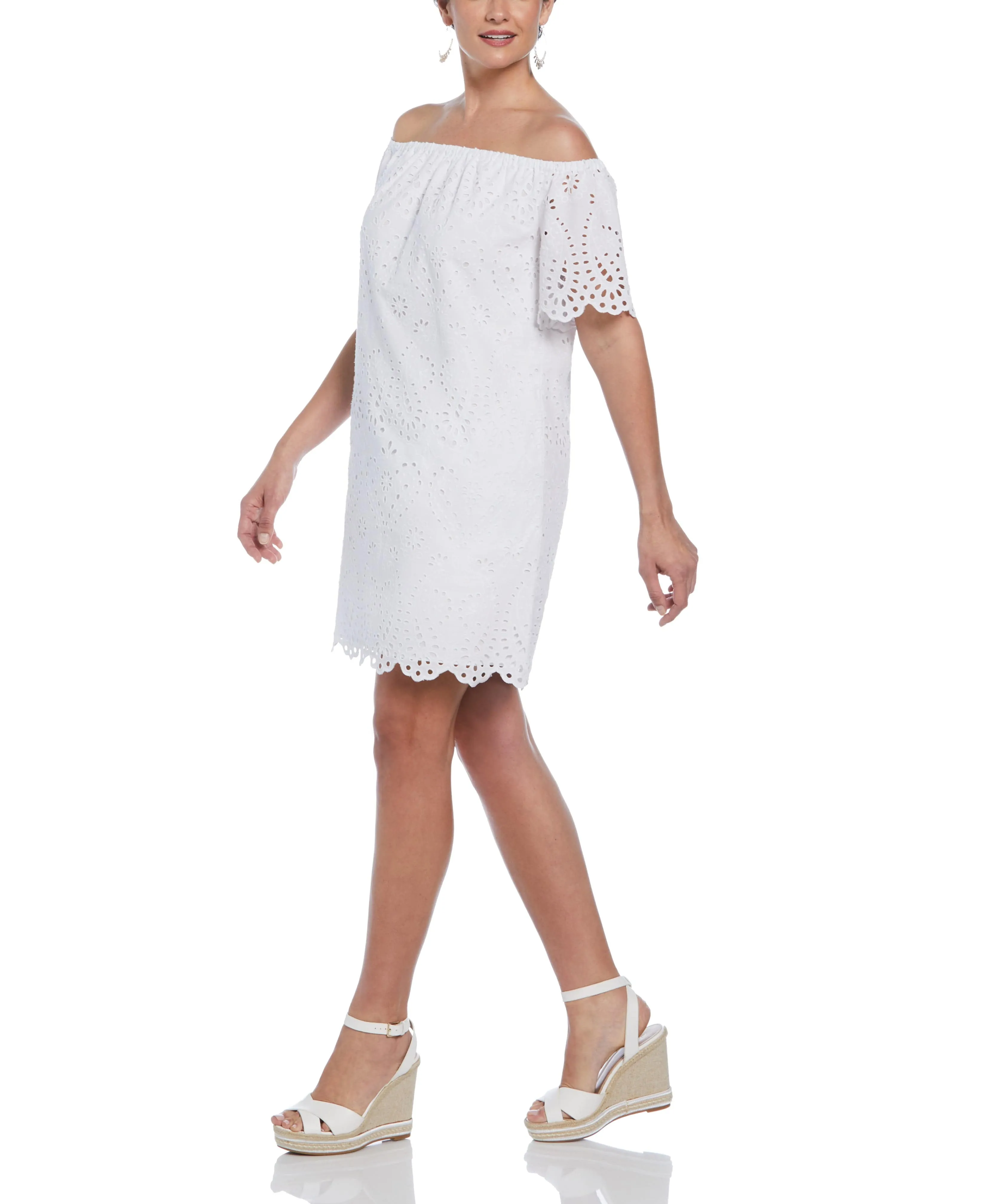 Off-Shoulder Embroidered Eyelet Dress