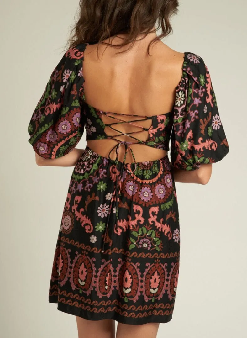 ORNATE FLORAL PUFF SLEEVE DRESS