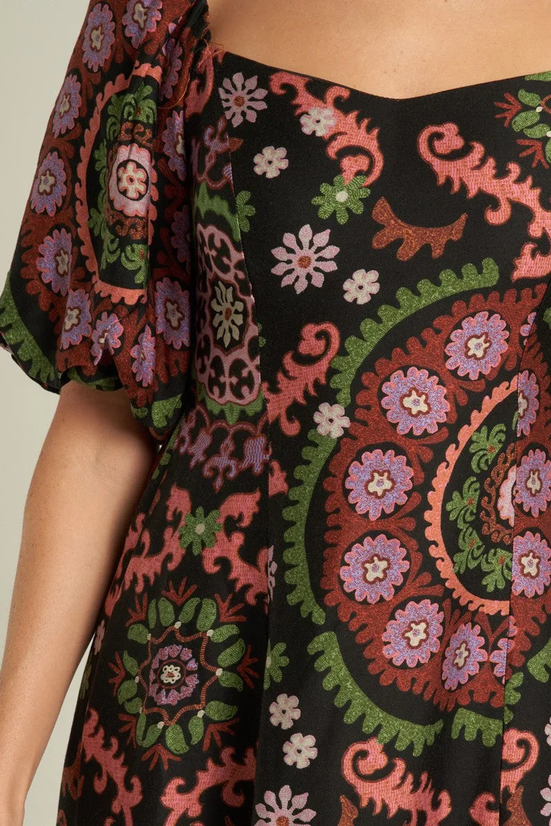 ORNATE FLORAL PUFF SLEEVE DRESS