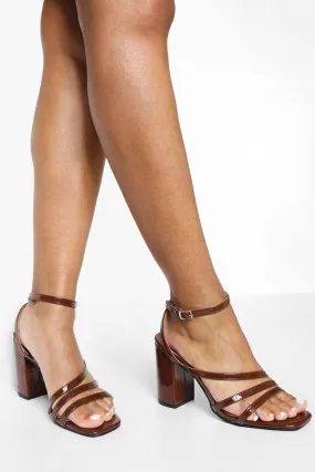 Patent Triple Asymmetric Strap Block Heel