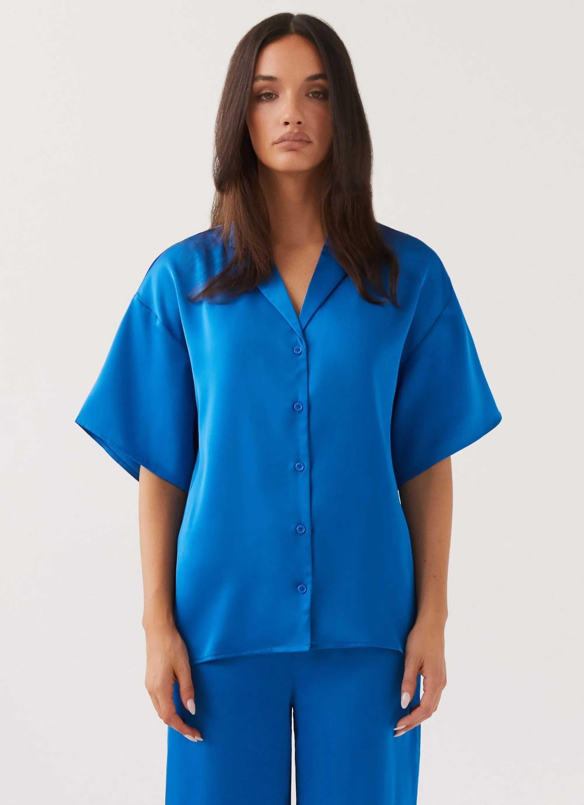 Peppermayo Exclusive - Palm Cove Satin Shirt - Cobalt