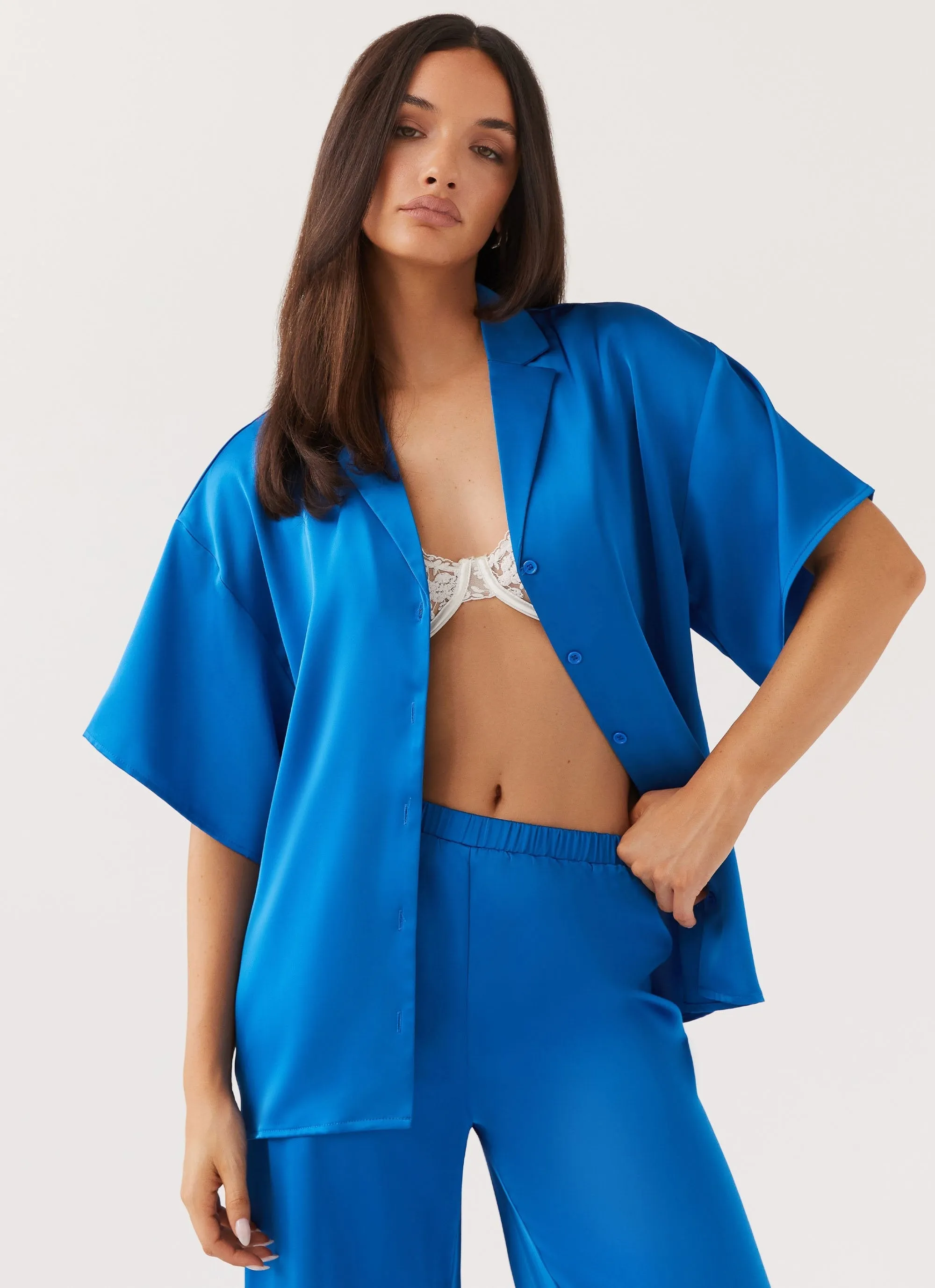 Peppermayo Exclusive - Palm Cove Satin Shirt - Cobalt