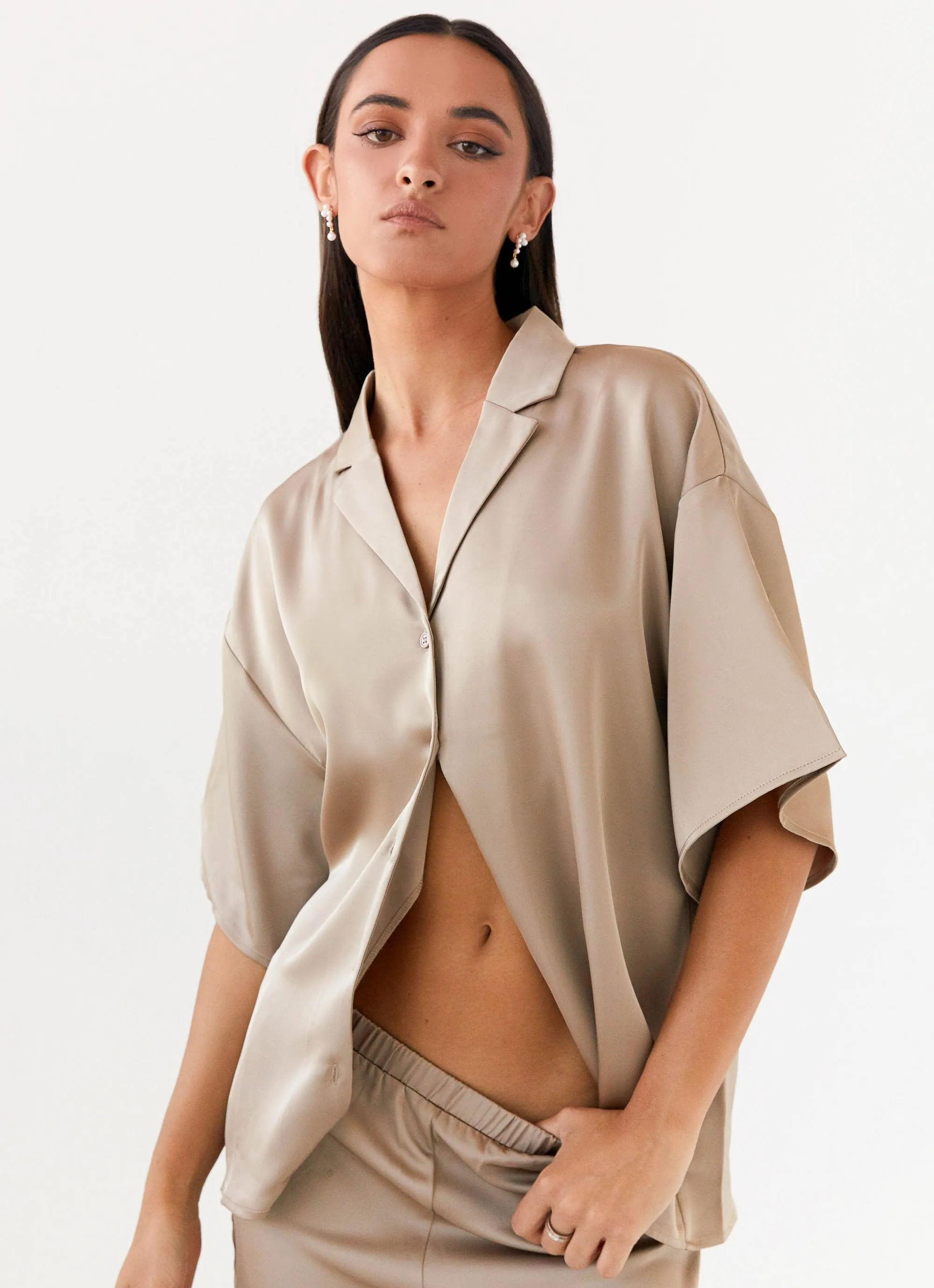 Peppermayo Exclusive - Palm Cove Satin Shirt - Mushroom