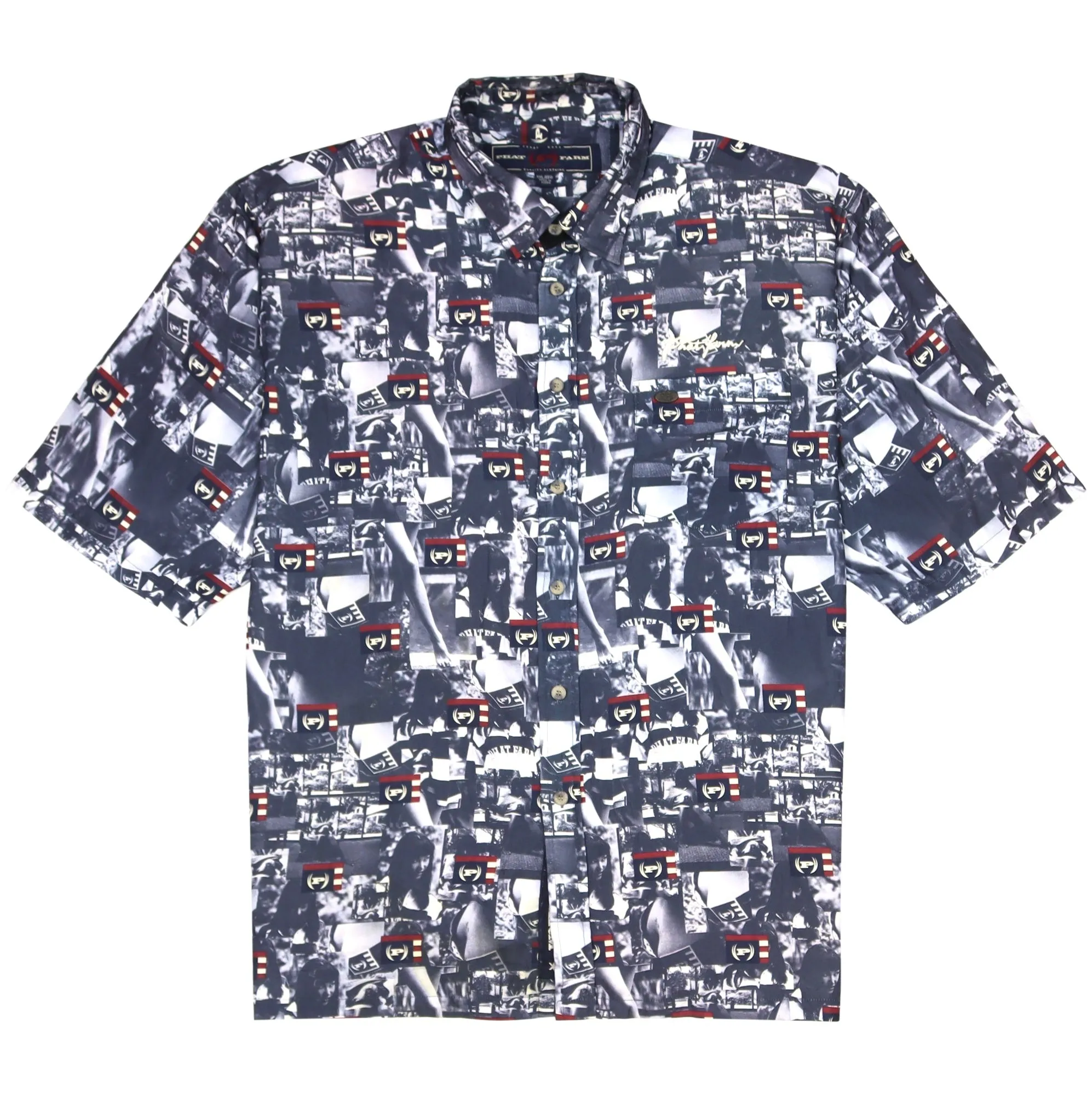 Phat Farm Vintage Button-Up Girl Patterned Shirt Navy White Red