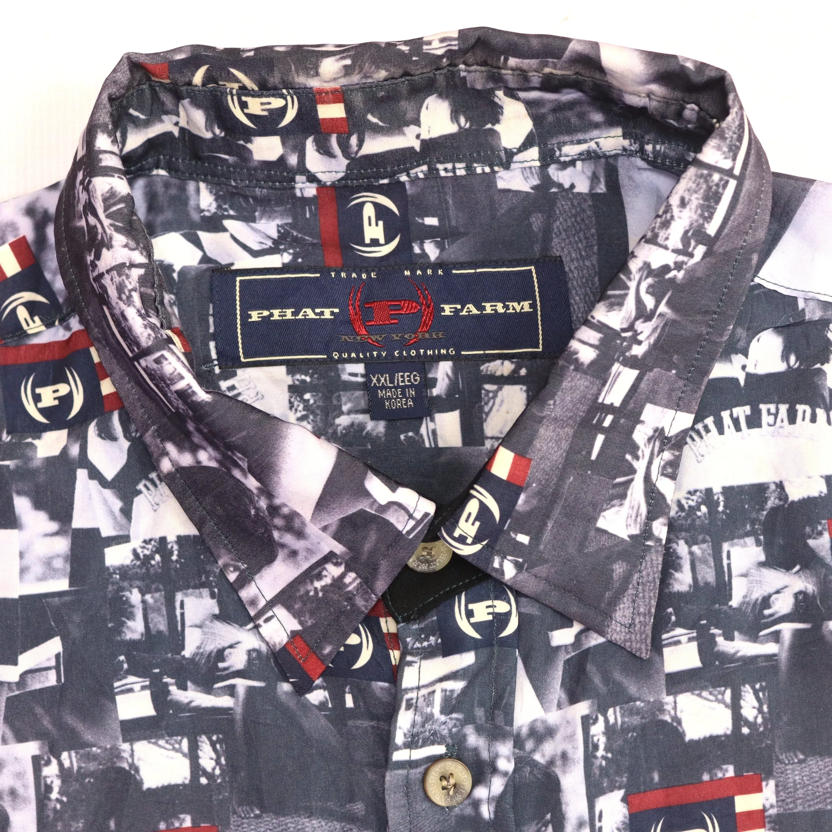 Phat Farm Vintage Button-Up Girl Patterned Shirt Navy White Red