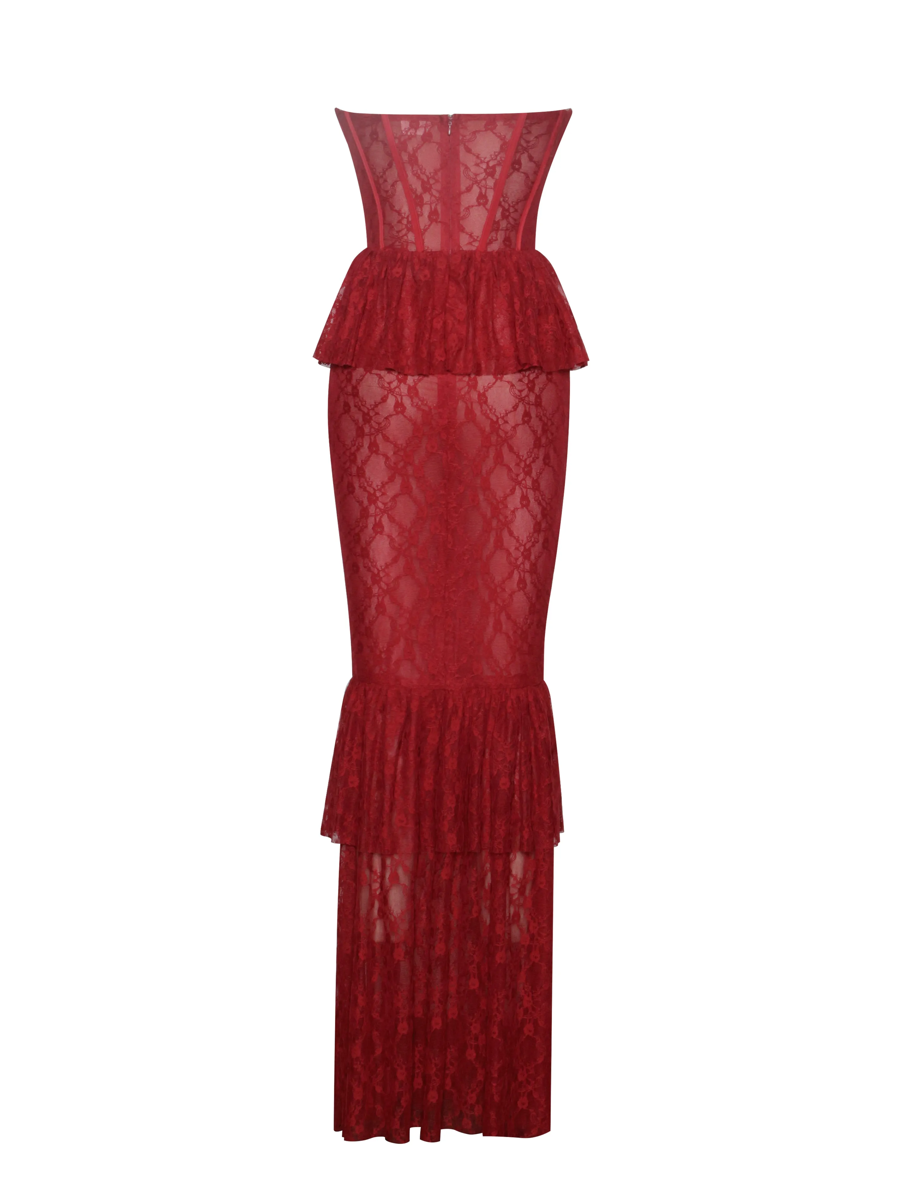 Quennell Burgundy Lace Corset Maxi Dress