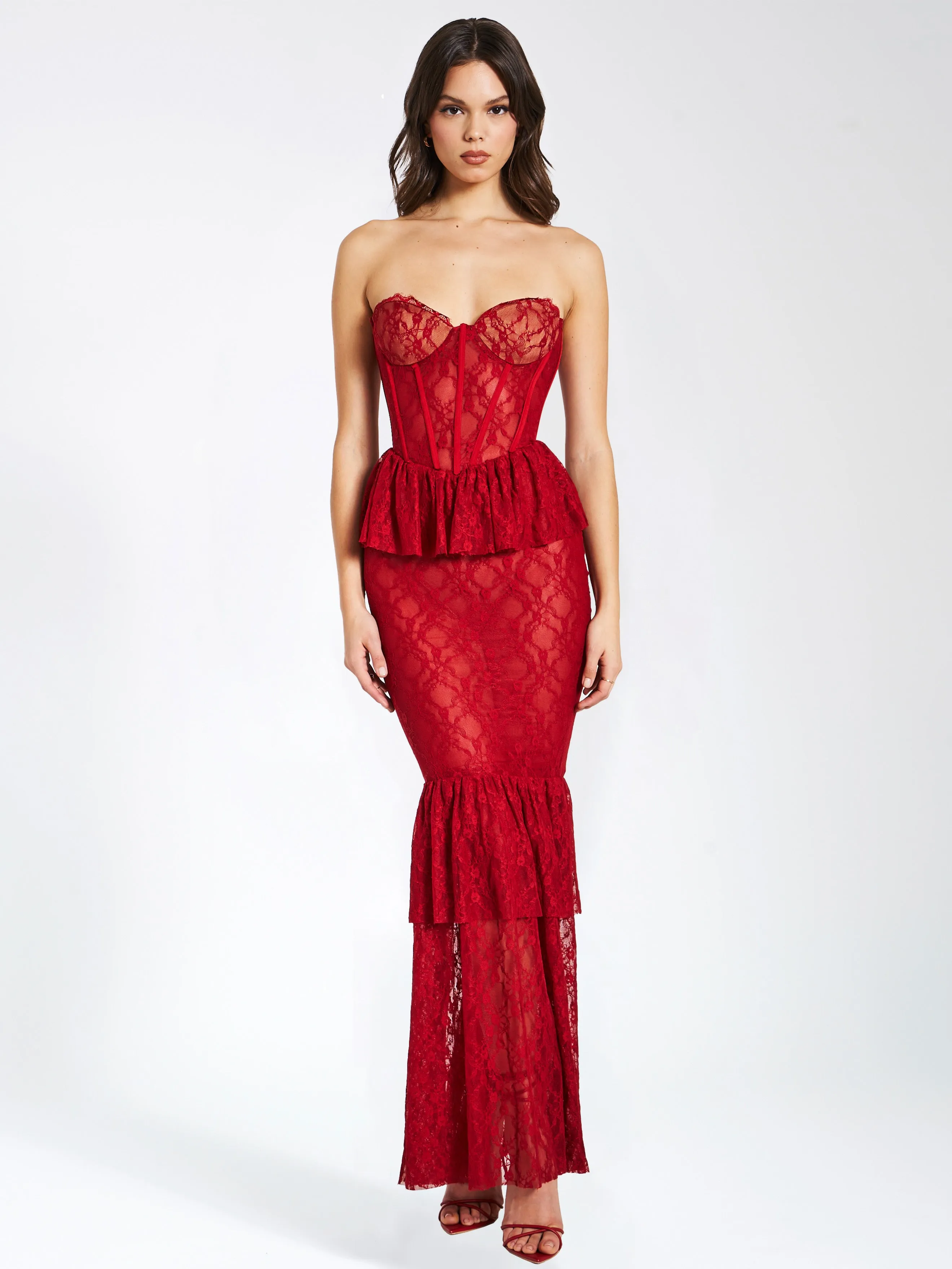 Quennell Burgundy Lace Corset Maxi Dress