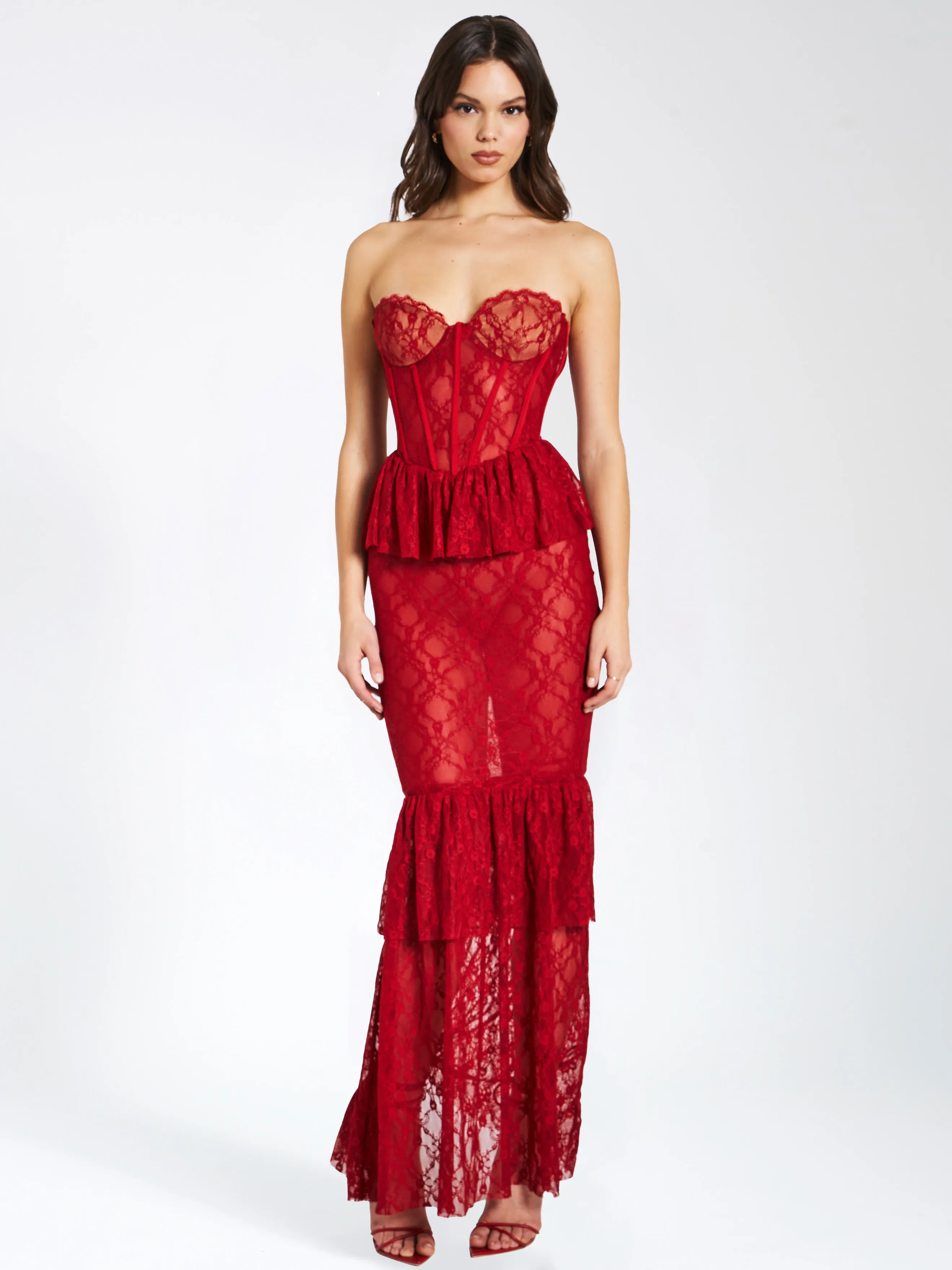 Quennell Burgundy Lace Corset Maxi Dress