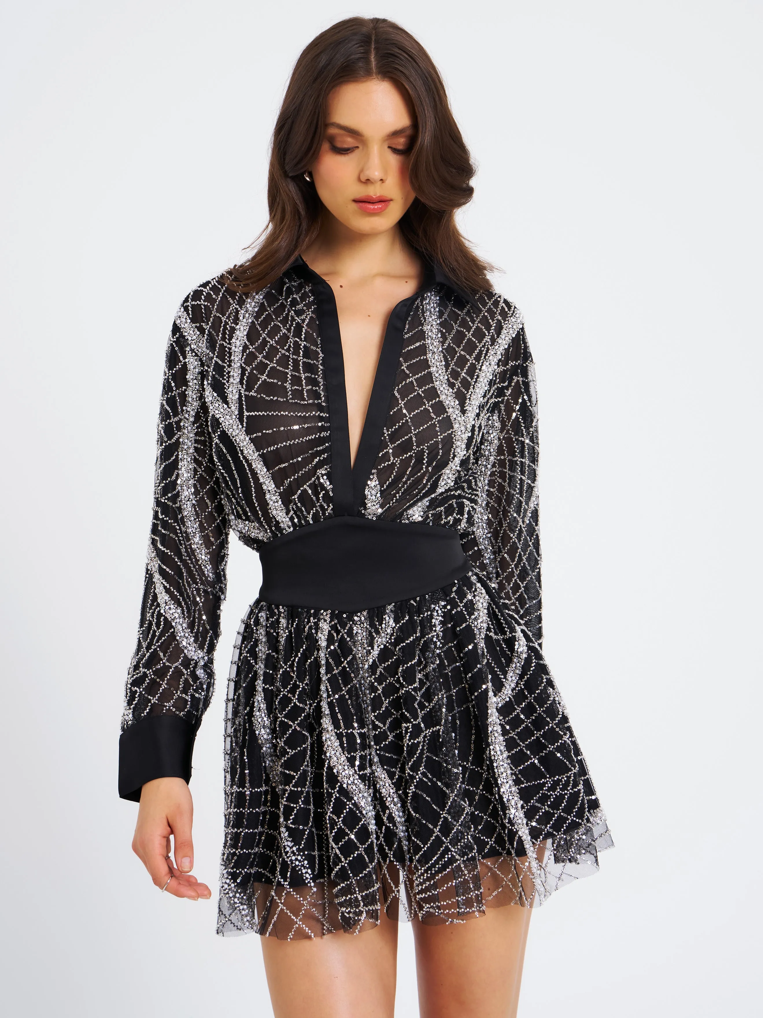 Rachelle Black Embroidered Mesh Mini Shirt Dress