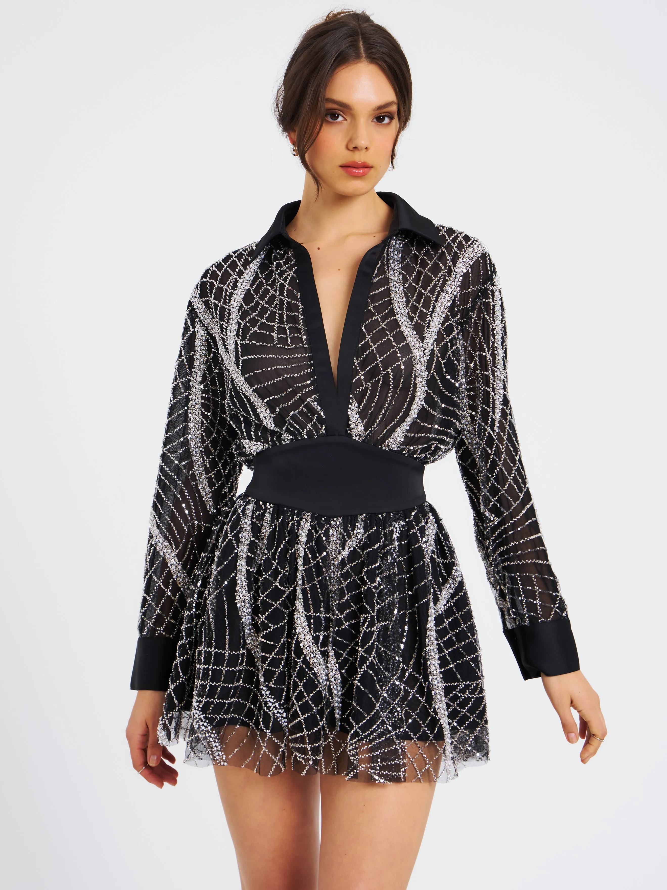 Rachelle Black Embroidered Mesh Mini Shirt Dress