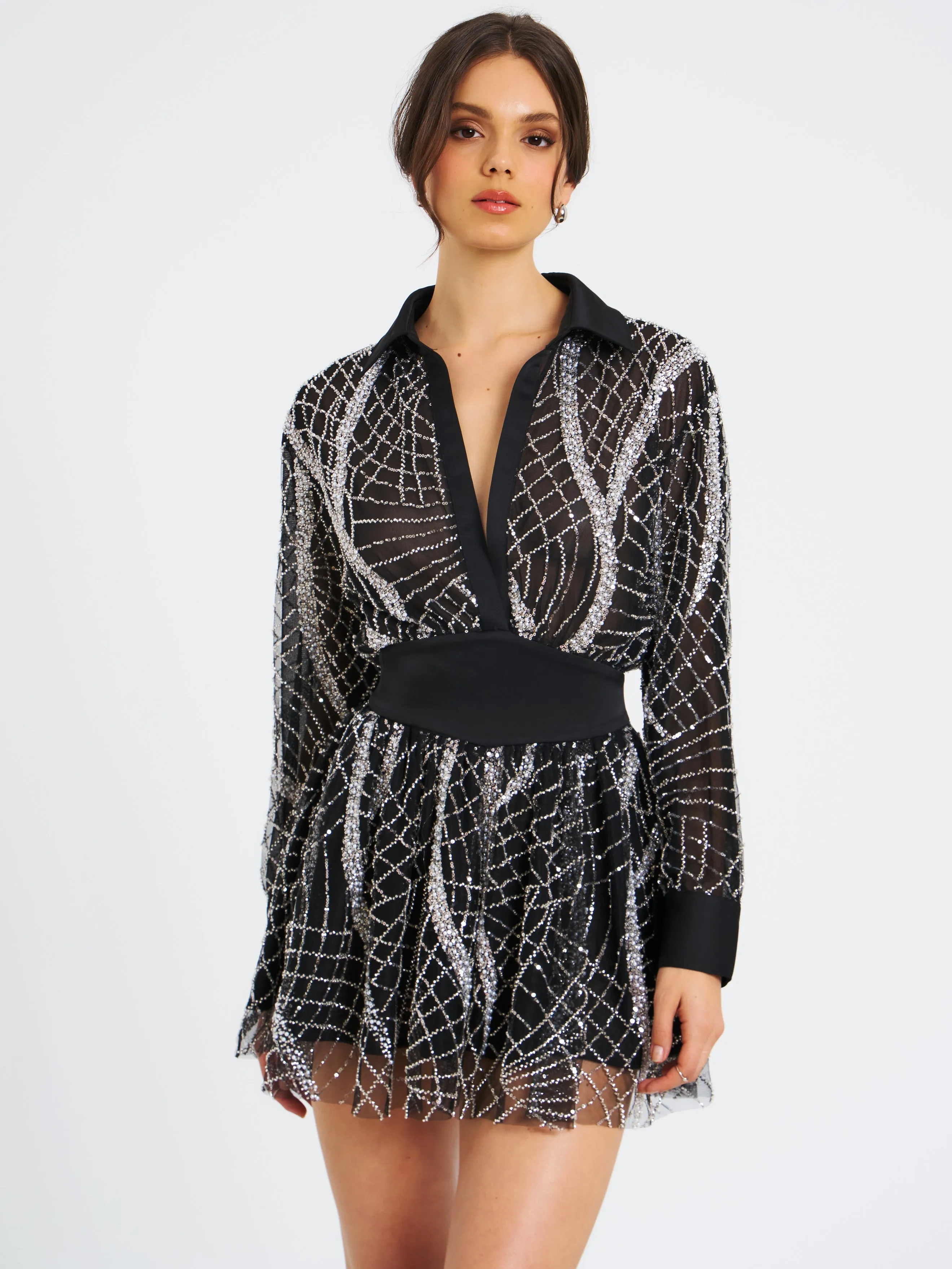 Rachelle Black Embroidered Mesh Mini Shirt Dress