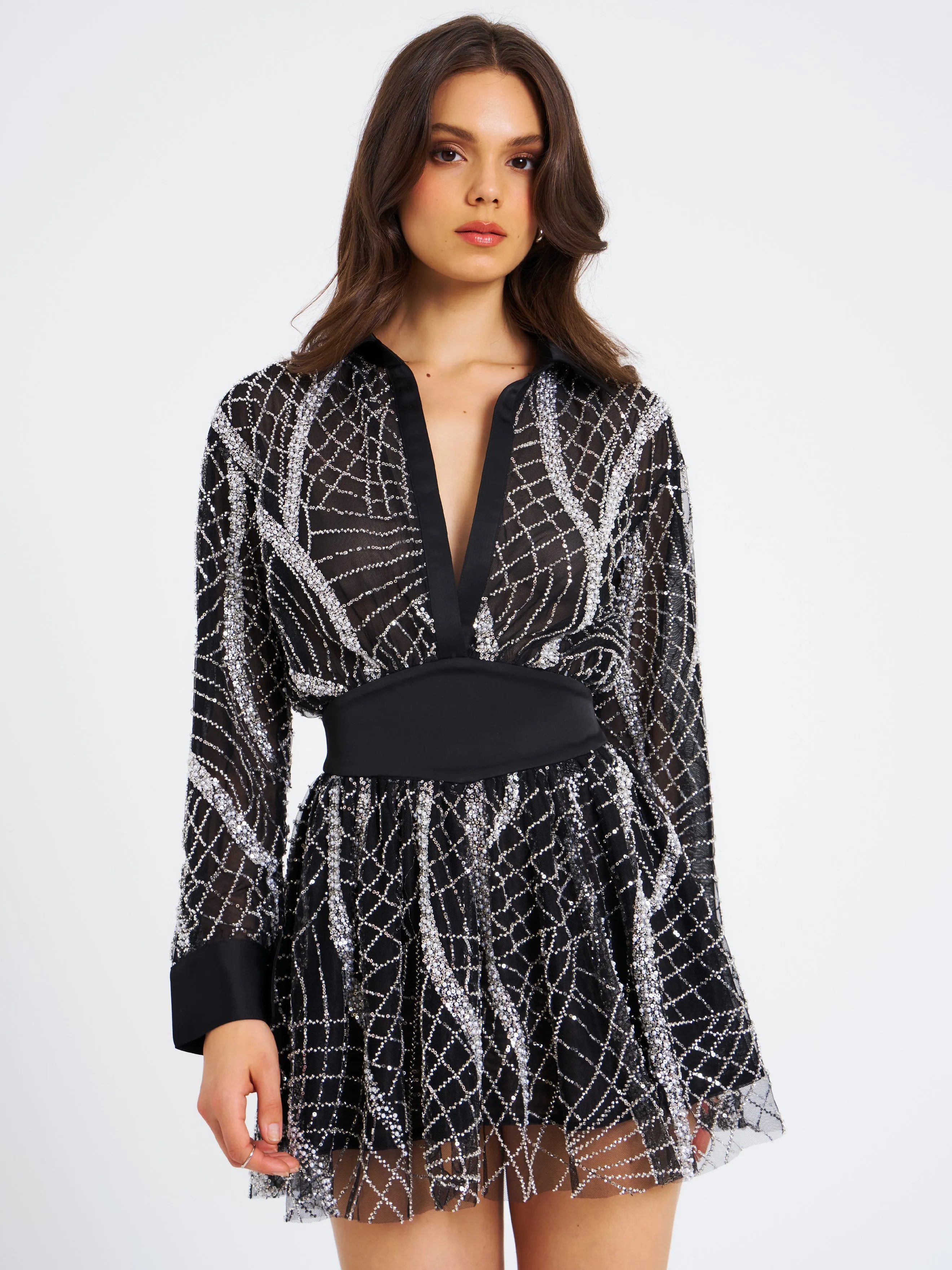 Rachelle Black Embroidered Mesh Mini Shirt Dress