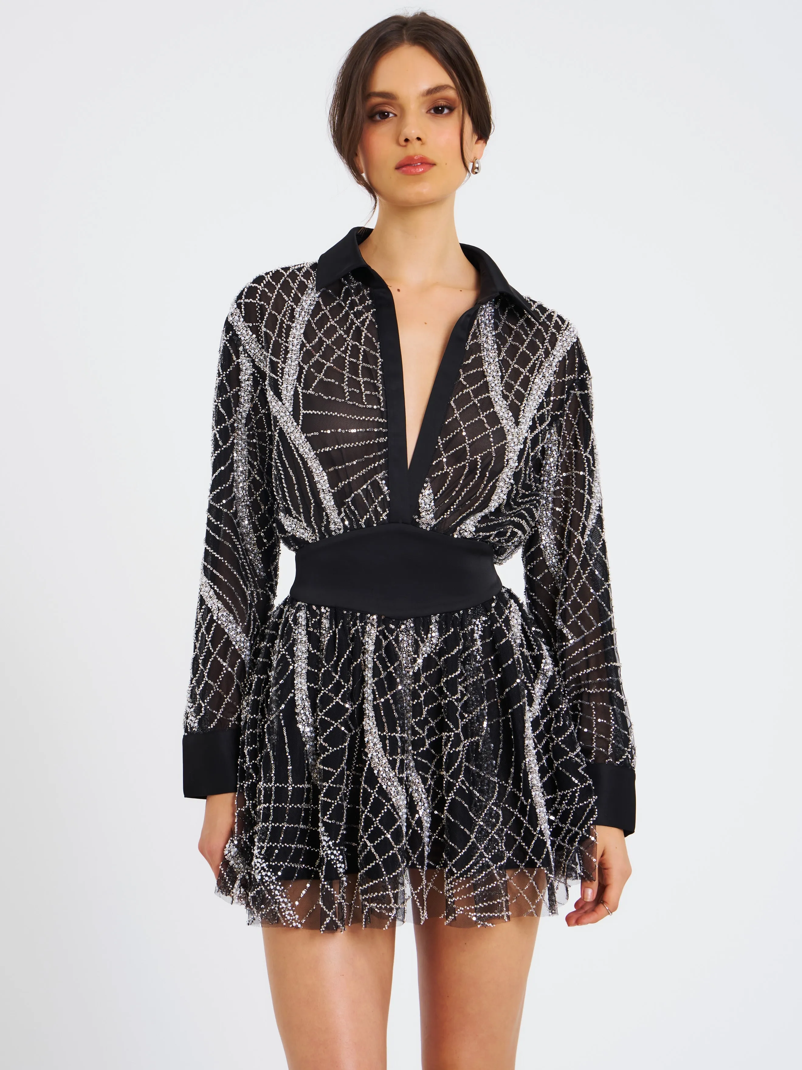 Rachelle Black Embroidered Mesh Mini Shirt Dress