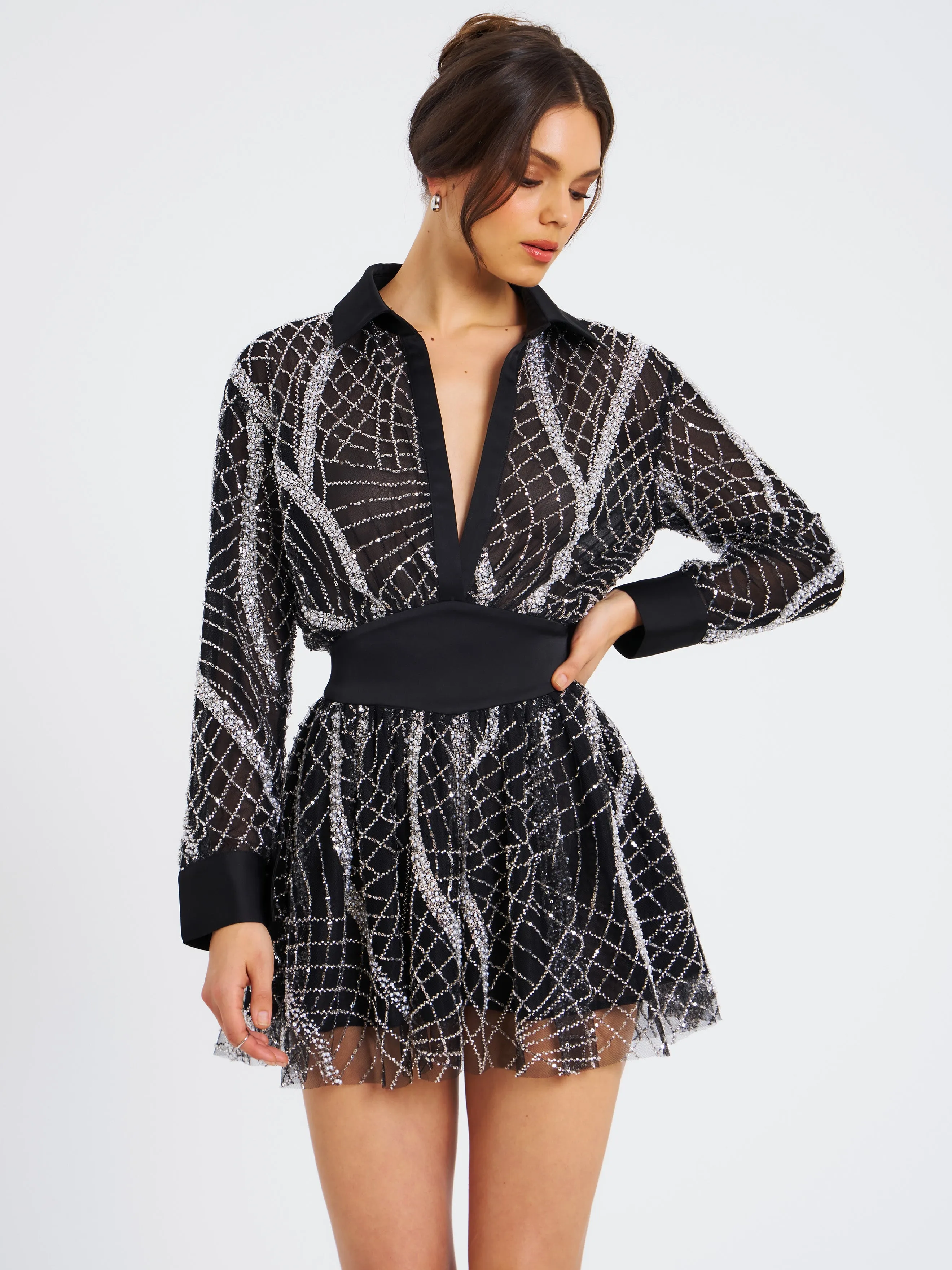 Rachelle Black Embroidered Mesh Mini Shirt Dress