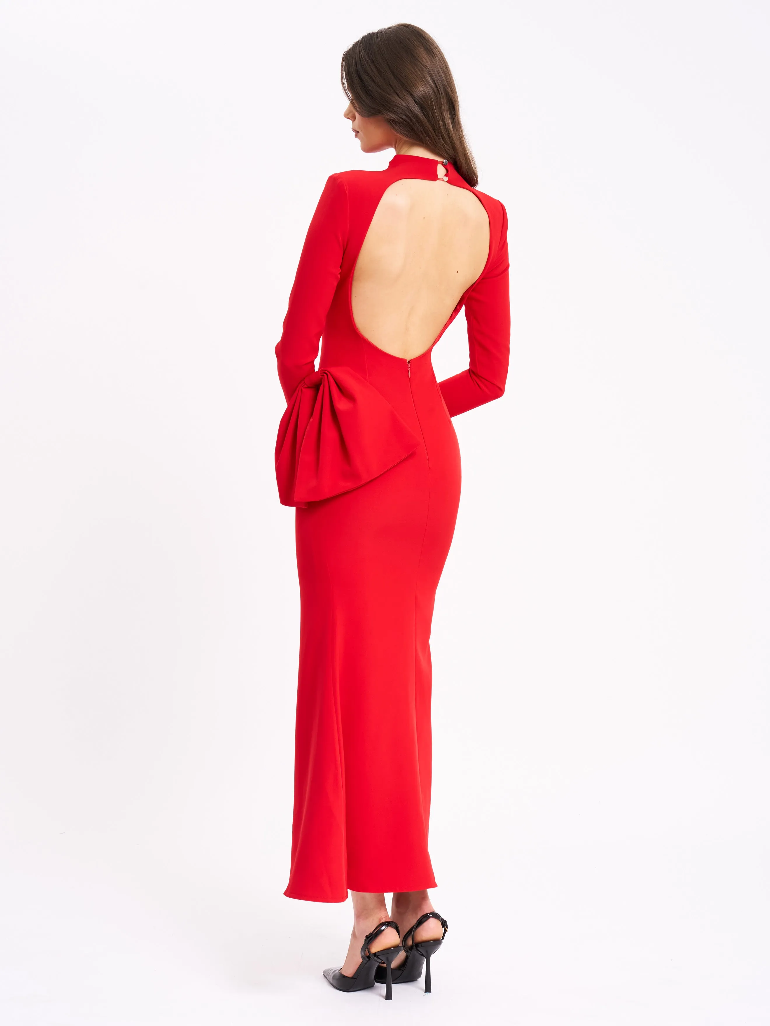 Radha Red Backless Longsleeve Maxi Dress with Bow