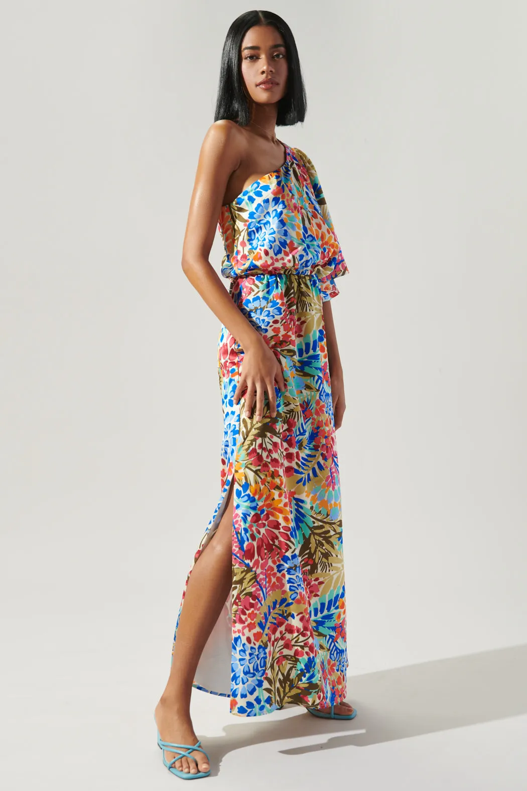 Rain Dance Meara One Shoulder Satin Maxi Dress