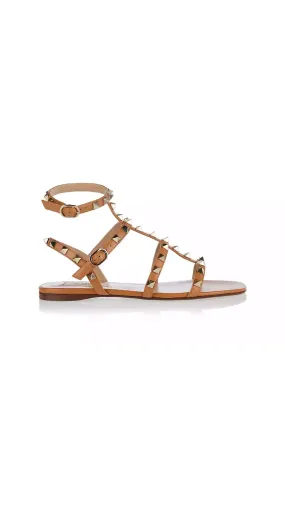 Calfskin Rockstud Flat Sandal with Straps - Almond