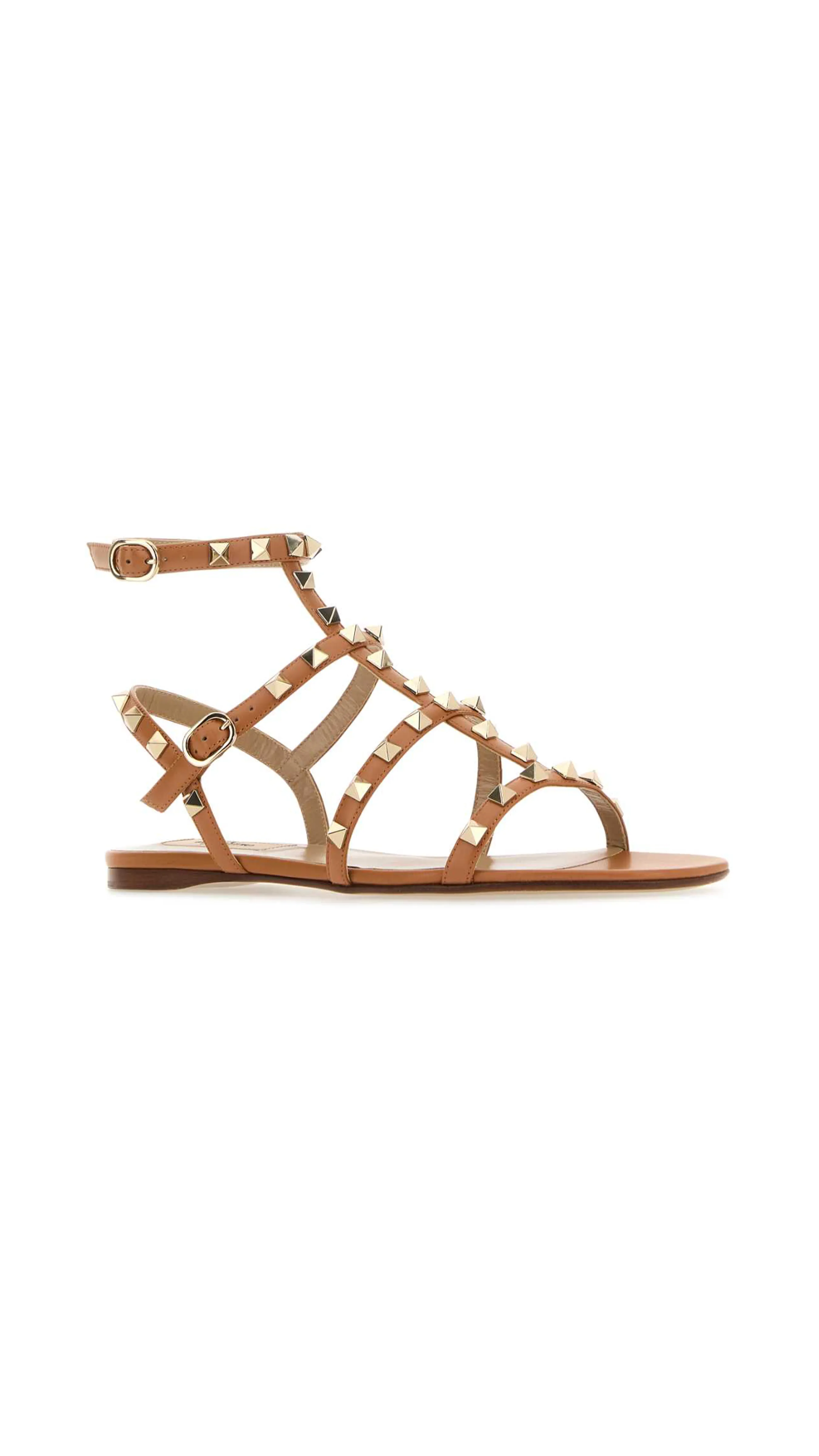 Calfskin Rockstud Flat Sandal with Straps - Almond