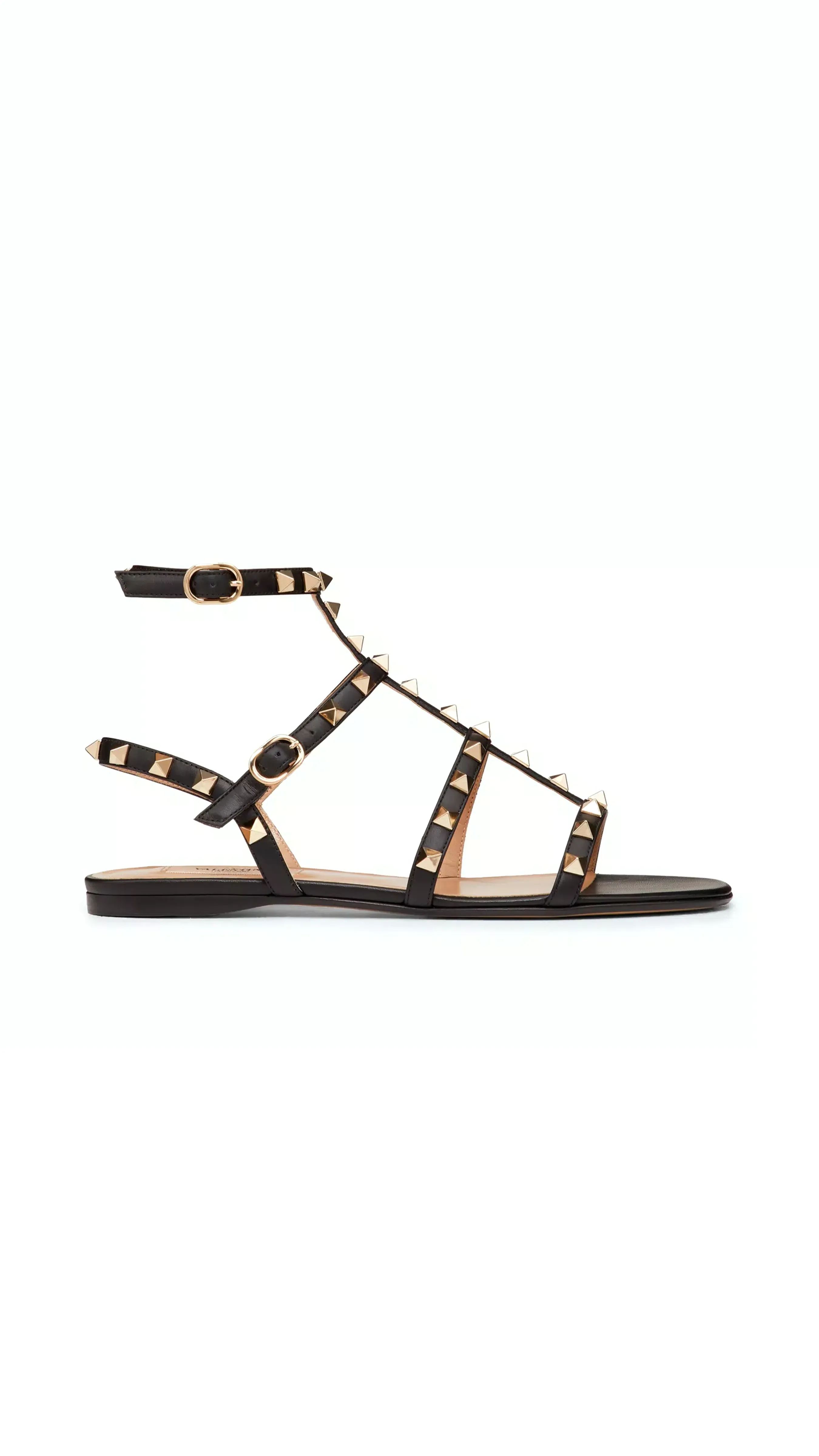 Black Rockstud Flat Calfskin Sandal with Straps