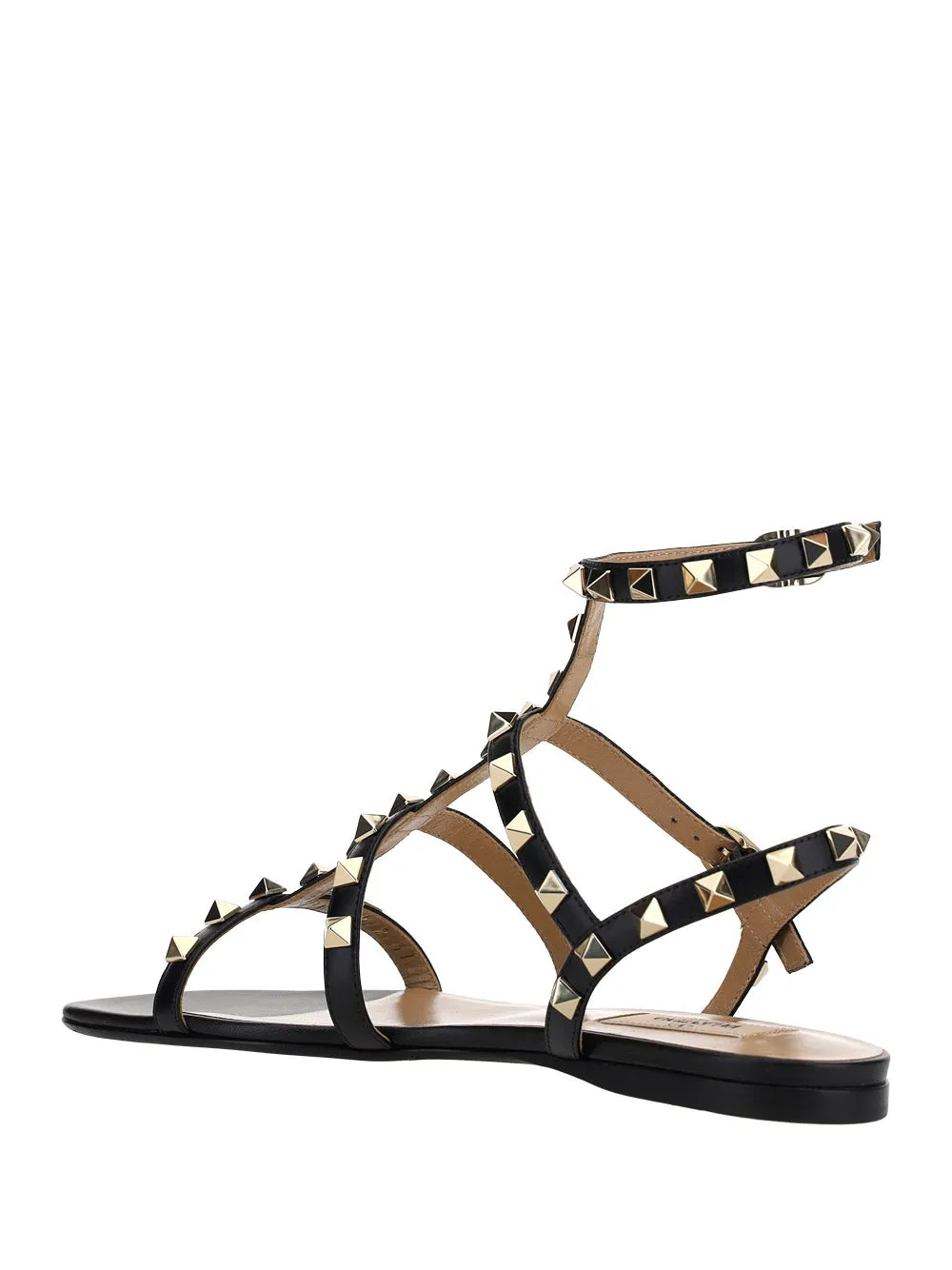 Black Rockstud Flat Calfskin Sandal with Straps