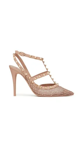 Rockstud Mesh Pump with Crystals and Straps 100MM - Rose Cannelle