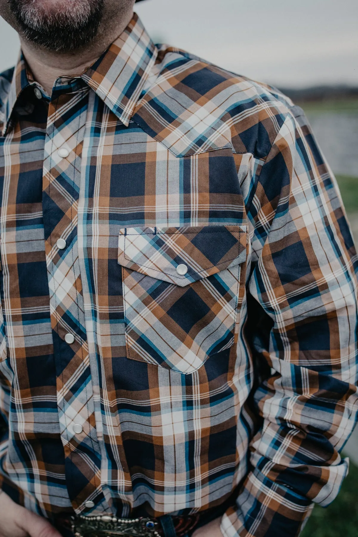 Roper Caramel & Navy Plaid Men's Pearl Snap Shirt (M - 2XL)