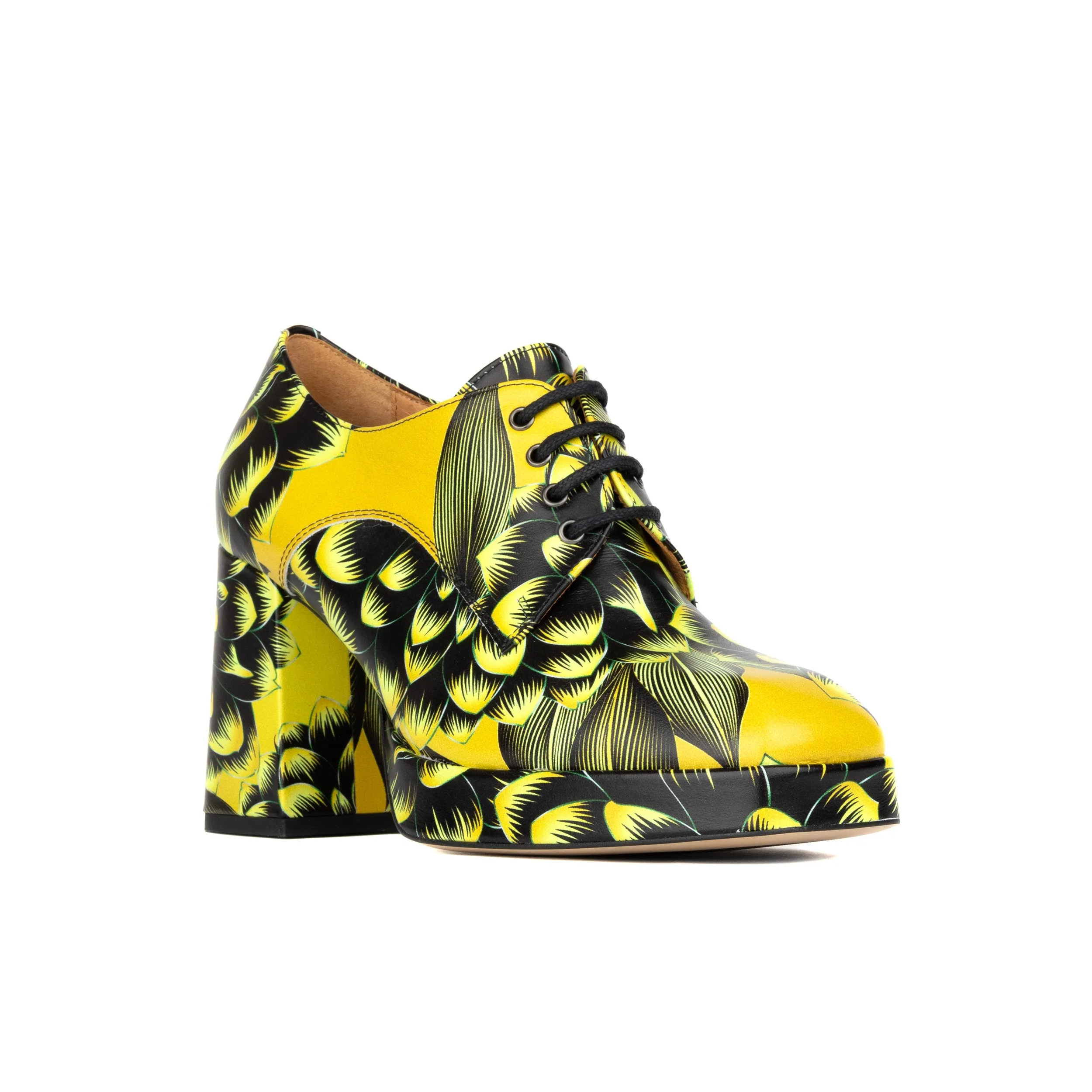 ROULETTE PLATFORM YELLOW - Women's leather oxford pump with platform and block heel