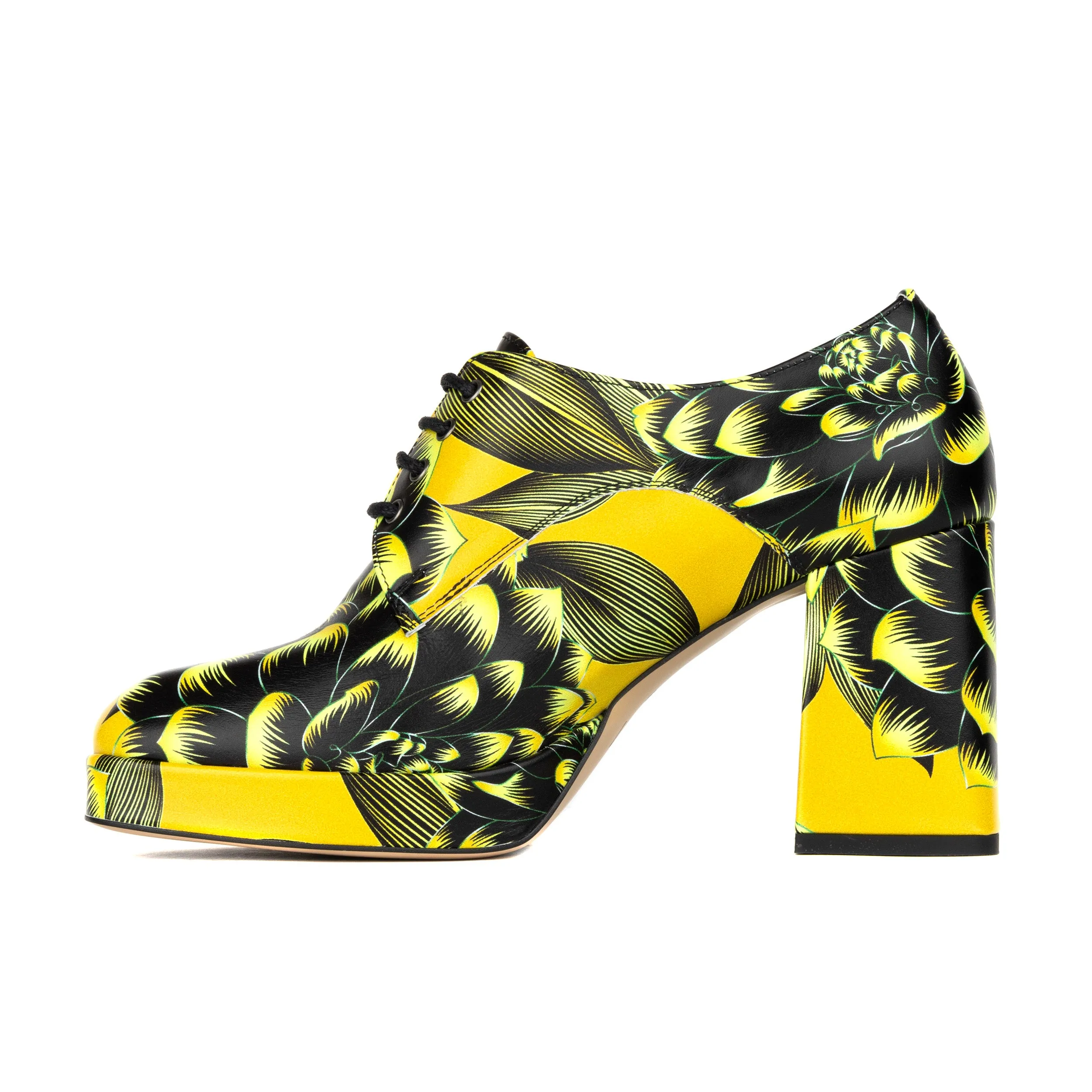 ROULETTE PLATFORM YELLOW - Women's leather oxford pump with platform and block heel