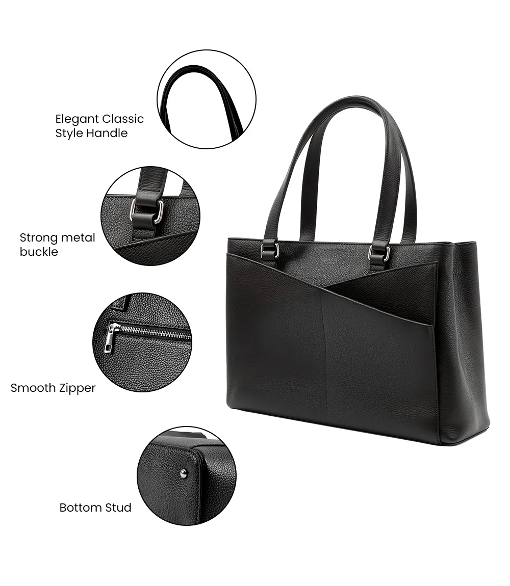 Segura Black Real Leather Tote Bag -  Laptop Bag for Women