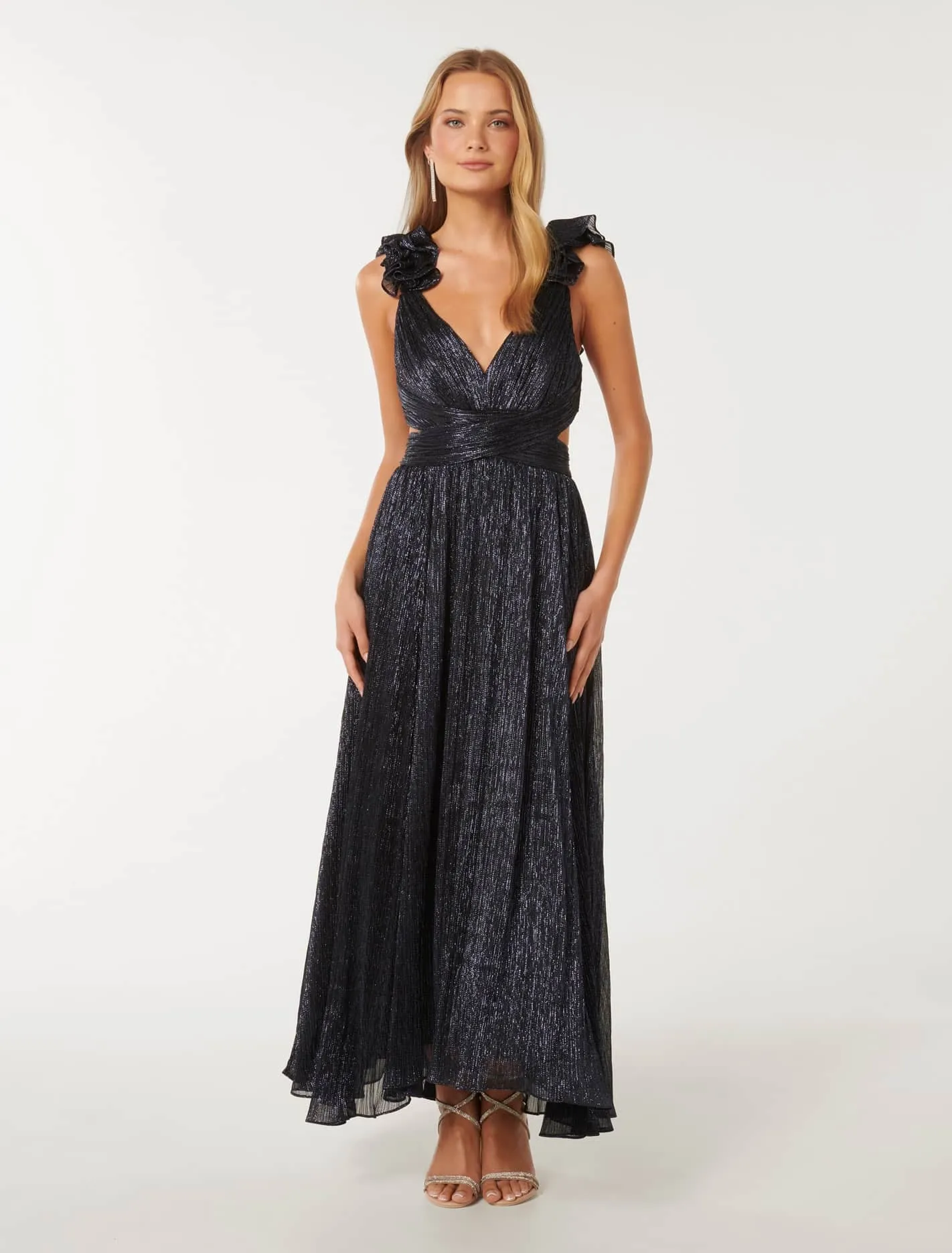 Selena Plisse Ruffle-Shoulder Maxi Dress