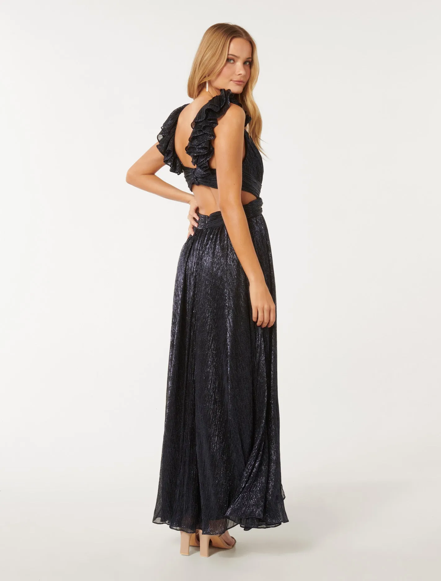 Selena Plisse Ruffle-Shoulder Maxi Dress