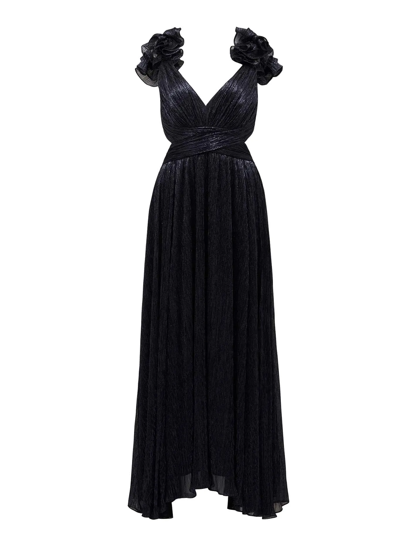 Selena Plisse Ruffle-Shoulder Maxi Dress