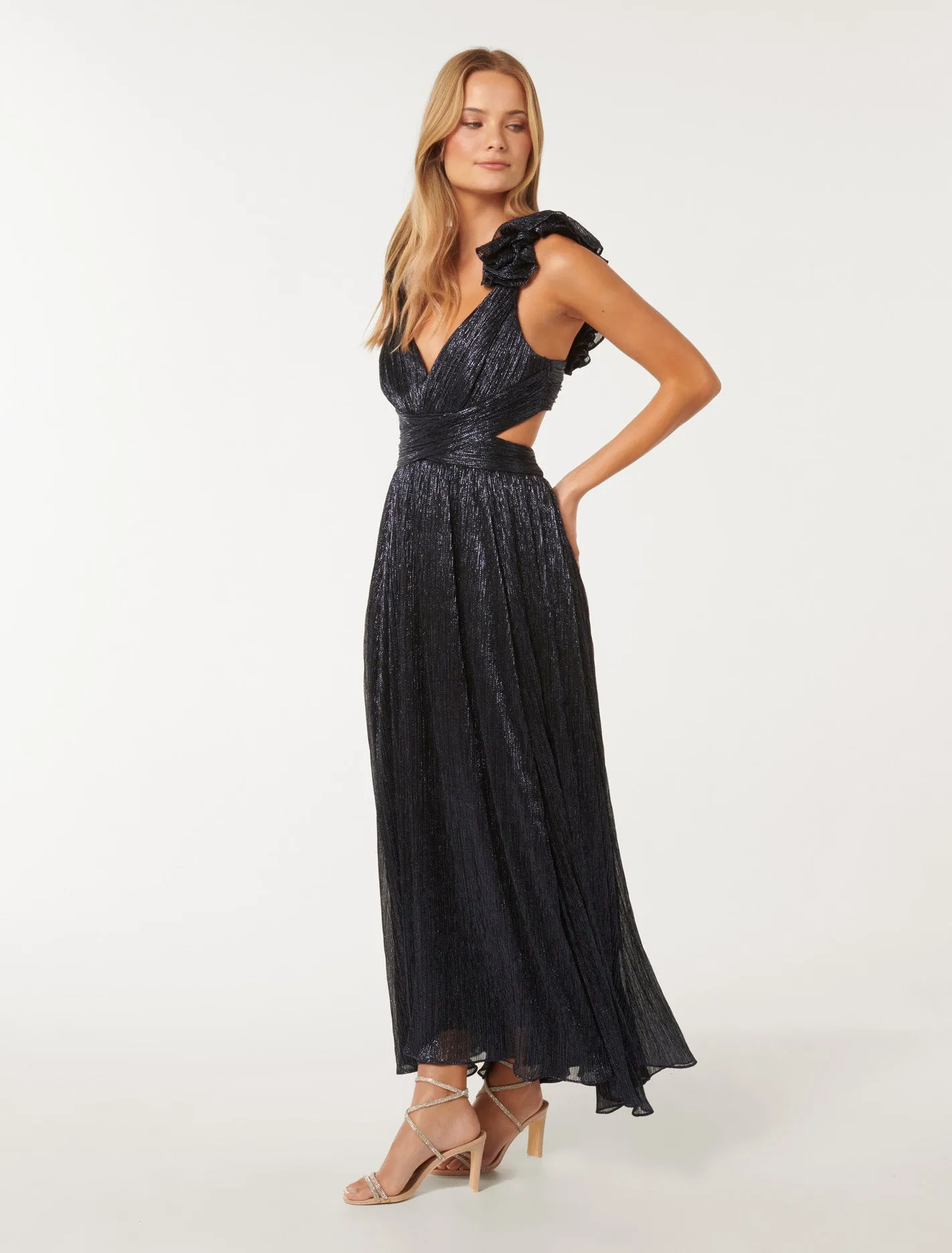 Selena Plisse Ruffle-Shoulder Maxi Dress